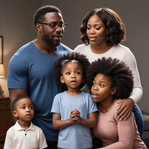 Prompt: captures serene worship moments of black family of 5, sing soulfully, prays humbly, leaving viewers inspired to reflect on their own connection with God, black father and black mother and black son, black daughter, modern, emotional, 32k, pixar, wide view, hasselblad h6d-400c, light indigo and navy blue
