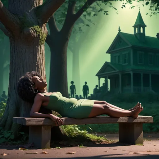 Prompt: black woman lying down on a weathered bench, in fetus position, tired, surrounded by towering trees and the silhoutte of people around and behind bench, vulnerability, strength, black woman, adversity, emotions, complexity, grief, support, dark hues, with hints of green for growth, Pixar