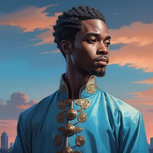 Prompt: Meadows in afrofuturism, anime art, wealthy portraiture, colorful, kimoicore, harlem renaissance, atmospheric color washes, african man in the style of chinese anime, standing, twilight, blue, dark bronze and sky-blue, blink-and-you-miss-it detail, illustration, portrait, high detail 