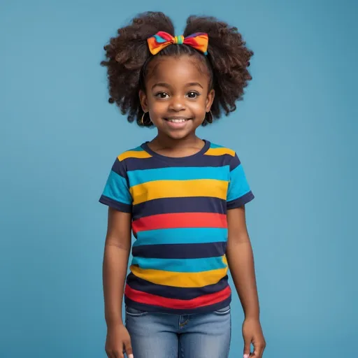 Prompt: Frontal full body shot a little dark black girl wearing a striped t shirt on a blue background, in the style of vibrant colorism, lighthearted, uniformly staged images, crisp and clean look winning, fun and happy feeling, high resolution photograph 