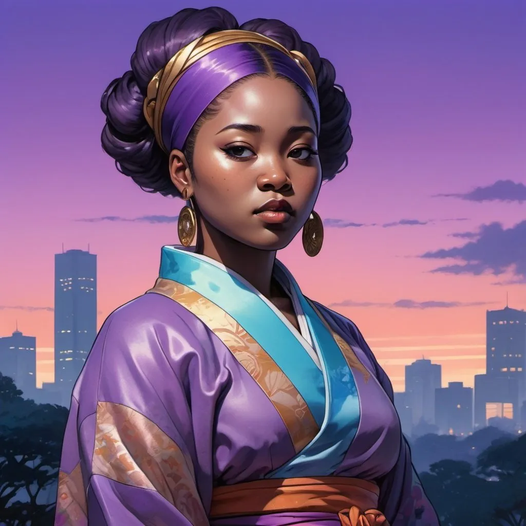 Prompt: Meadows in afrofuturism, Japanese anime art, wealthy portraiture, colorful, kimoicore, harlem renaissance, atmospheric color washes, chubby african woman in the style of chinese anime, standing, twilight, purple, dark bronze and sky-blue, blink-and-you-miss-it detail, illustration, portrait, high detail 