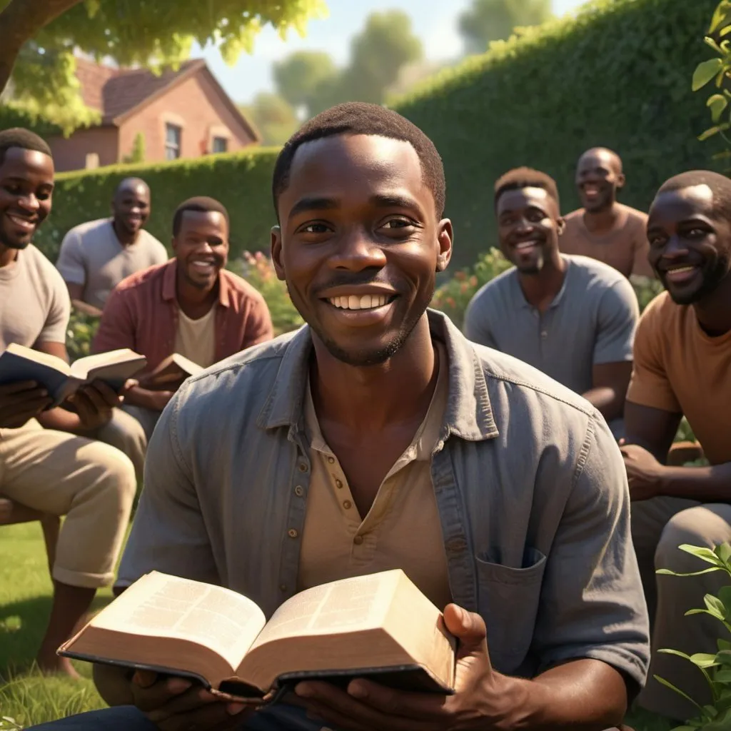 Prompt: an black african men holding a bible, looking happy, seated in a garden surrounded by other men, cinematic, mystical, 32k UHD, Pixar, bathed in warm light, mesmerizing colours, she reads the bible.hyperrealistic, octane render, dynamic lighting
