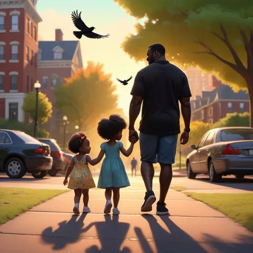 Prompt: black mom, black girl toddler and chubby black dad, walking together, passing the park, dress, 90s outfits, vibrant, birds silhoutte, happy moment, warm, wide shot of surroundings, Pixar, emotional, high quality, detailed, realistic, bright lighting, urban setting, 90s setting, not facing camera, view across the street