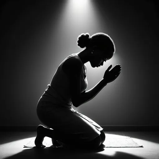 Prompt: digital illustration of a african woman in silhouette, bowing in prayer, upset expression, domestic setting, minimalistic style, high contrast, emotional atmosphere, grayscale, moody lighting, melancholy, ennui, nighttime, shadows, grunge,  Pixar, emotional, high quality, detailed, realistic, soft lighting, cool tones