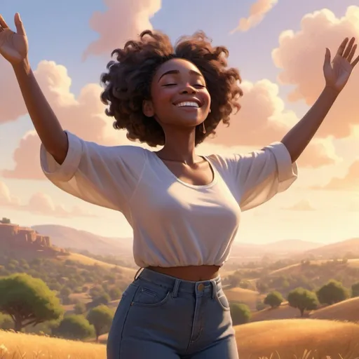 Prompt: A black woman smiling, eyes closed, hands reaching up to the sky, with breeze blowing clothes back, warm lighting, high quality, freedom scene, modern clothes, landscape view, 32k, Pixar, embracing lighting, translucent cross in background
