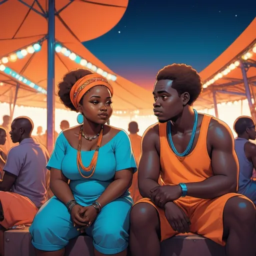 Prompt: Illustration of African chubby woman and slim man in Kenyan anime style, sitting at a colorful afrofuturistic festival during twilight, atmospheric color washes, kimoicore, portrait, high detail, anime, afrofuturism, wealthy, harlem renaissance, kimoicore, festival, atmospheric lighting, dark bronze, sky-blue, orange,  emotional, high quality, detailed, soft lighting, in the style of lomo lc-a, poolcore, photo-realistic landscapes, transavanguardia, candid moments 
