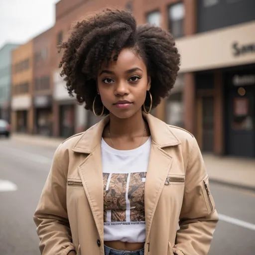Prompt: a black girl posing in a beige jacket, in the style of afro-caribbean influence, canon eos 5d mark iv, douglas smith, urban, brown, warmcore, matte photo  --ar 2:3 --v 5