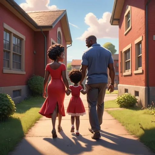 Prompt: family entering a school, black girl toddler, black mom and average black dad, walking together, passing the countryside, red dress, blue, happy moment, warm, wide shot of surroundings, Pixar, emotional, high quality, detailed, realistic, bright lighting, african city setting