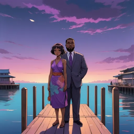 Prompt: Meadows in afrofuturism, Japanese anime art, wealthy portraiture, colorful, kimoicore, harlem renaissance, atmospheric color washes, african tall, chubby woman and short man in the style of chinese anime, in standing on a dock near the ocean, twilight, dark bronze and purple and sky-blue, blink-and-you-miss-it detail, illustration, portrait, high detail , in the style of lomo lc-a, poolcore, photo-realistic landscapes, transavanguardia, candid moments 