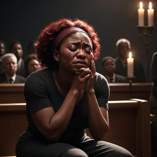 Prompt: A black woman crying in pain, eyes closed, on knees, at funeral sombre dark lighting, high quality, heavy scene, modern clothes, 32k, Pixar, maroon lighting
