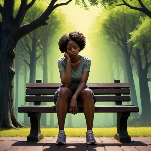 Prompt: black woman sitting on a weathered bench, holding head down, tired, surrounded by towering trees and the silhoutte of people around and behind bench, vulnerability, strength, black woman, adversity, emotions, complexity, grief, support, dark hues, with hints of green for growth, touches of yellows or purples for contrast and depth, Pixar