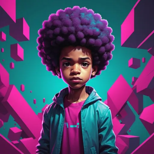 Prompt: afro boy, in the style of isometric perspective, dark cyan and magenta, straight figures, detailed comic illustration, pseudo-infrared