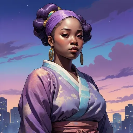 Prompt: Meadows in afrofuturism, Japanese anime art, wealthy portraiture, colorful, kimoicore, harlem renaissance, atmospheric color washes, chubby african woman in the style of chinese anime, standing, twilight, purple, dark bronze and sky-blue, blink-and-you-miss-it detail, illustration, portrait, high detail 