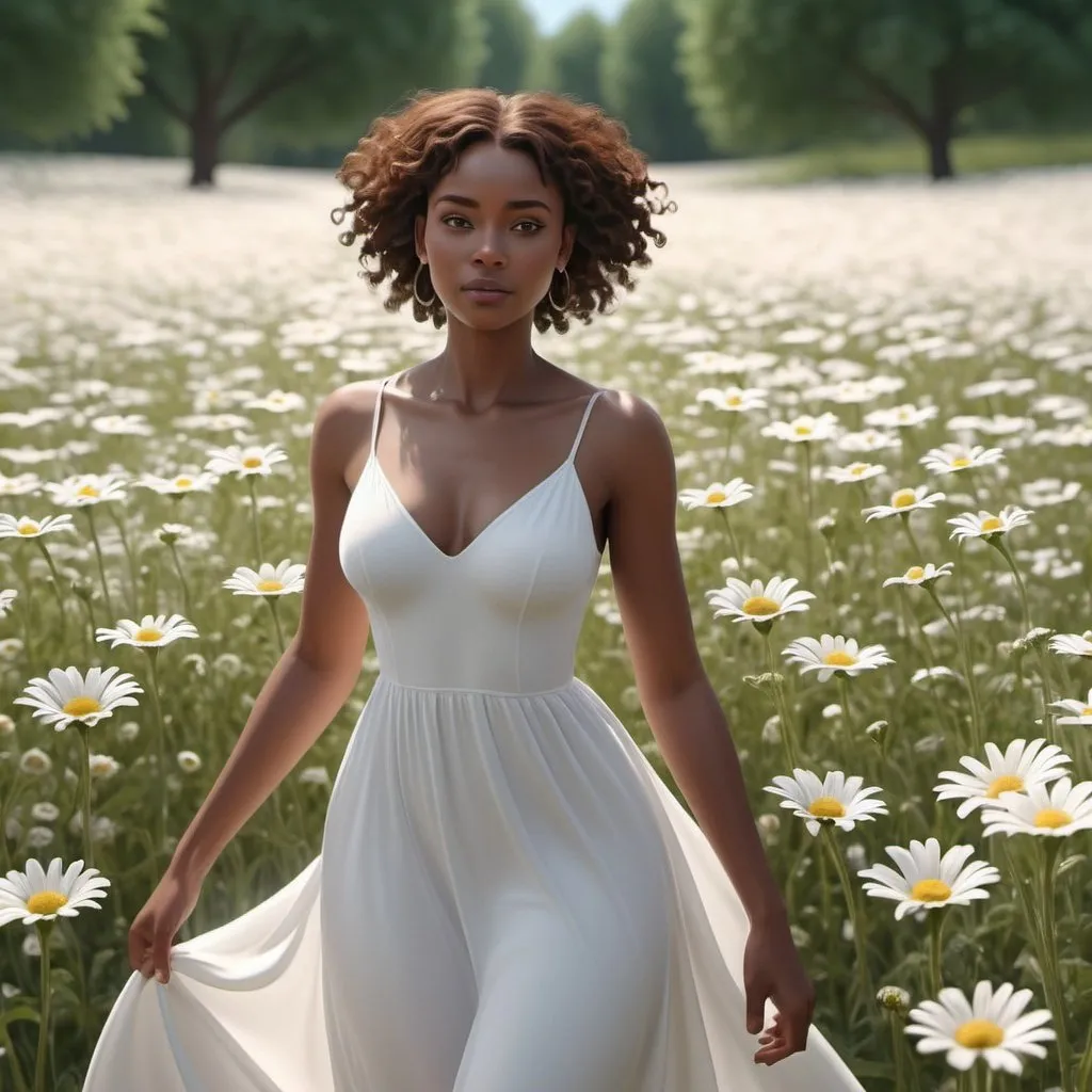 Prompt: 3D animation of a graceful black woman in a flowing white dress walking through a field of daisies, realistic 3D rendering, detailed daisy field, flowing white dress, elegant movement, graceful posture, realistic skin texture, detailed facial features, 4k, ultra-detailed, realistic, natural lighting, peaceful atmosphere, beautiful daisy field, high-quality animation, serene, tranquil, realistic movement, cinematic animation