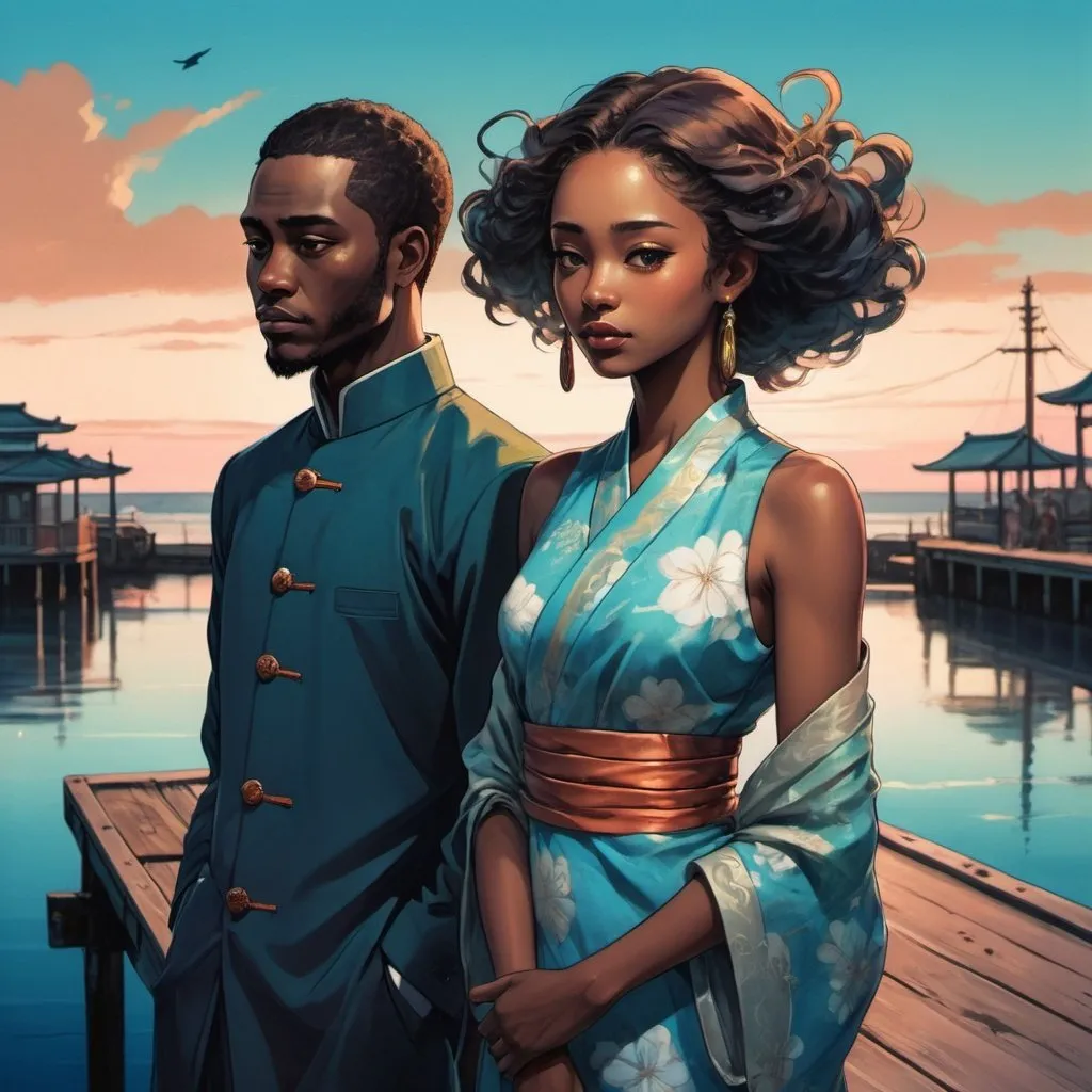 Prompt: Meadows in afrofuturism, Japanese anime art, wealthy portraiture, colorful, kimoicore, harlem renaissance, atmospheric color washes, african woman and man in the style of chinese anime, in standing on a dock near the ocean, twilight, dark bronze and sky-blue, blink-and-you-miss-it detail, illustration, portrait, high detail , in the style of lomo lc-a, poolcore, photo-realistic landscapes, transavanguardia, candid moments 