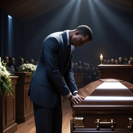 Prompt: A black man crying in pain, eyes closed, standing in front of a casket, at funeral sombre dark lighting, high quality, heavy scene, modern clothes, landscape view, 32k, Pixar, dark blue lighting, casket in background
