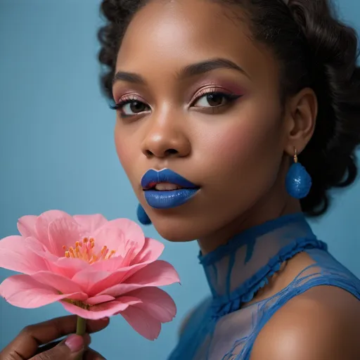 Prompt: a young african american woman in blue dressed in lipstick holding some flower, in the style of translucent immersion, new american documentary photography, fine lines, delicate curves, national geographic photo, pink, close-up, folkloric realism