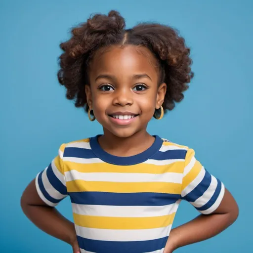 Prompt: Frontal full body shot a little black girl wearing a striped t shirt on a blue background, in the style of vibrant colorism, lighthearted, uniformly staged images, crisp and clean look winning, fun and happy feeling, high resolution photograph 