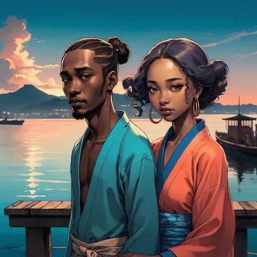 Prompt: Meadows in afrofuturism, Japanese anime art, wealthy portraiture, colorful, kimoicore, harlem renaissance, atmospheric color washes, african woman and man in the style of chinese anime, in standing on a dock near the ocean, twilight, dark bronze and sky-blue, blink-and-you-miss-it detail, illustration, portrait, high detail , in the style of lomo lc-a, poolcore, photo-realistic landscapes, transavanguardia, candid moments 