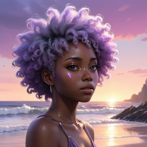 Prompt: anime, Black female young adult with purple afro with silver highlights and dark skin, standing on a shore, looking out at soft, crystal waves and an inspiring sunset, the viewer can see a tear falling on her right cheek, mesmerizing colours, epic realism, high quality, dreamy vibe