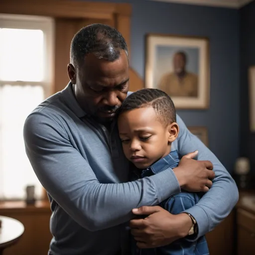 Prompt: black father and black son hugging one another in a warm room, modern, emotional, marvel style, candid photography, mommy's on-the-phonecore, hasselblad h6d-400c, light indigo and gray
