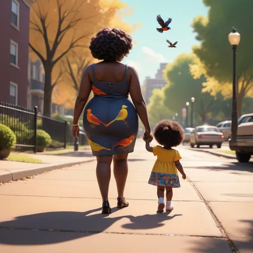 Prompt:  black girl toddler , mom and chubby black dad, walking together, passing the park, dress, 80s outfits, vibrant, birds far away, happy moment, warm, Pixar, emotional, high quality, detailed, realistic, bright lighting, urban setting, 90s setting, not facing camera, view across the street, afrofuturism, 20th century