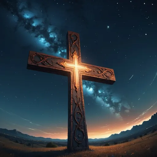 Prompt: An epic fantastic realism comic book style painting of the most beautiful spinning CROSS , launched across the dark and starry night sky,  fisheye, unreal 5, DAZ, hyperrealistic, octane render, dynamic lighting
