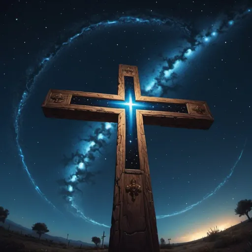 Prompt: An epic fantastic realism comic book style painting of the most beautiful spinning CROSS , launched across the dark and starry night sky,  fisheye, unreal 5, DAZ, hyperrealistic, octane render, dynamic lighting
