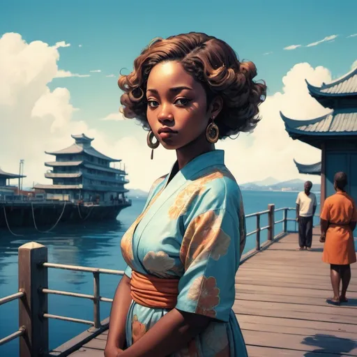 Prompt: Meadows in afrofuturism, Japanese anime art, wealthy portraiture, colorful, kimoicore, harlem renaissance, atmospheric color washes, chubby african woman in the style of chinese anime, in standing on a dock near the ocean, twilight, dark bronze and sky-blue, blink-and-you-miss-it detail, illustration, portrait, high detail , in the style of lomo lc-a, poolcore, photo-realistic landscapes, transavanguardia, candid moments 