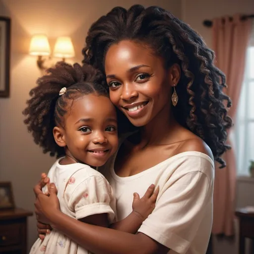 Prompt: Black mother love for a kid , a kind subtle happy mother holding her child with love and affection in her beautiful hands , the child with beautiful eyes looking at her, smiles, together, 80s outfits, warm, emotional, high quality, detailed, realistic, bright lighting, 90s setting, 20th century