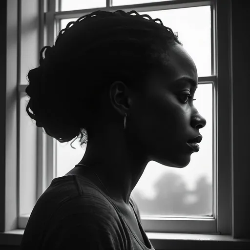 Prompt: digital illustration of a african woman in silhouette, head looking down, upset expression, domestic setting, window background, minimalistic style, high contrast, emotional atmosphere, grayscale, moody lighting, melancholy, ennui, nighttime, shadows, grunge,  Pixar, emotional, high quality, detailed, realistic, soft lighting, cool tones