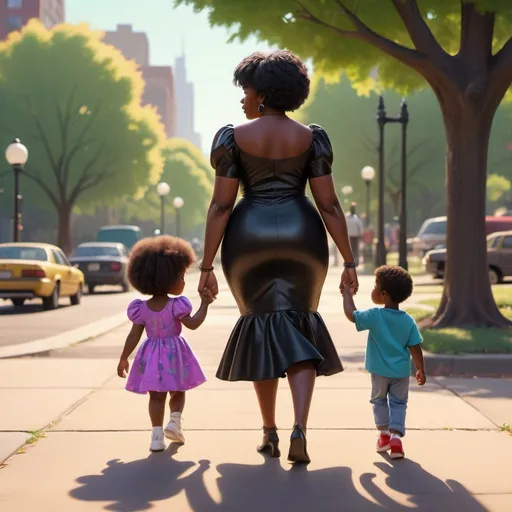 Prompt:  black girl toddler , mom and chubby black dad, walking together, passing the park, dress, 80s outfits, vibrant, birds far away, happy moment, warm, Pixar, emotional, high quality, detailed, realistic, bright lighting, urban setting, 90s setting, not facing camera, view across the street, afrofuturism, 20th century