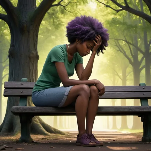 Prompt: black woman sitting on a weathered bench, holding head down, tired, surrounded by towering trees and the silhoutte of people around and behind bench, vulnerability, strength, black woman, adversity, emotions, complexity, grief, support, dark hues, with hints of green for growth, touches of yellows or purples for contrast and depth, Pixar
