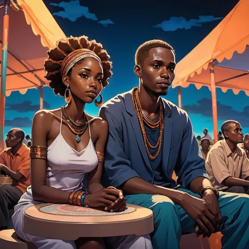 Prompt: Illustration of African woman and man in Kenyan anime style, sitting at a colorful afrofuturistic festival during twilight, atmospheric color washes, harlem renaissance, kimoicore, portrait, high detail, anime, afrofuturism, wealthy, colorful, twilight, harlem renaissance, kimoicore, festival, atmospheric lighting, dark bronze, sky-blue, emotional, high quality, detailed, soft lighting