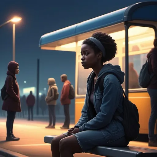Prompt: Lonely and sad black woman, at bus stop, surrounded by silhoutte of people, lost in the rush, tired of tomorrow on the inside, wide shot, Pixar, emotional, high quality, detailed, realistic, soft lighting, cool tones, urban setting