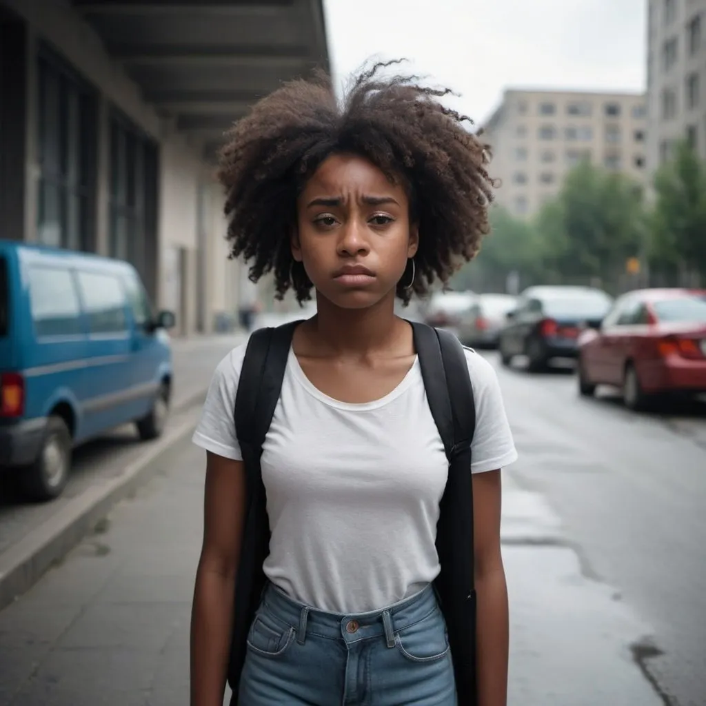 Prompt: 
Lonely and sad black girl, lost in the rush, tired of tomorrow on the inside, wide shot