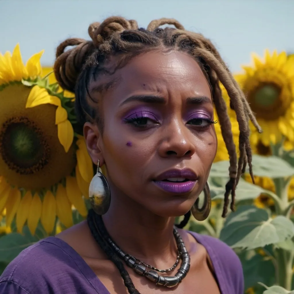 Prompt: cinematic shot, extreme close up dolly shot on a stylish black woman with dreads, crying, standing on a purple hill, sunflowers, detailed, great skin texture, professional shot, precise