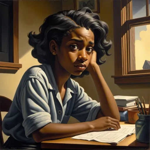 Prompt: “Young black student, bob hair, in her dorm at one o’clock in the morning” painted by Thomas Hart Benton, 1994, dark, sad, melancholy, ennui, nighttime, shadows, grunge,  Pixar, emotional, high quality, detailed, realistic, soft lighting, cool tones, 