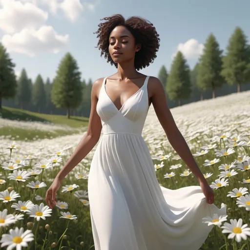 Prompt: 3D animation of a graceful black woman in a flowing white dress walking through a field of daisies, realistic 3D rendering, detailed daisy field, flowing white dress, elegant movement, graceful posture, realistic skin texture, detailed facial features, 4k, ultra-detailed, realistic, natural lighting, peaceful atmosphere, beautiful daisy field, high-quality animation, serene, tranquil, realistic movement, cinematic animation