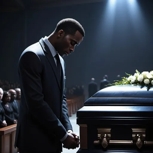Prompt: A black man crying in pain, eyes closed, standing in front of a casket, at funeral sombre dark lighting, high quality, heavy scene, modern clothes, landscape view, 32k, Pixar, dark blue lighting, casket in background
