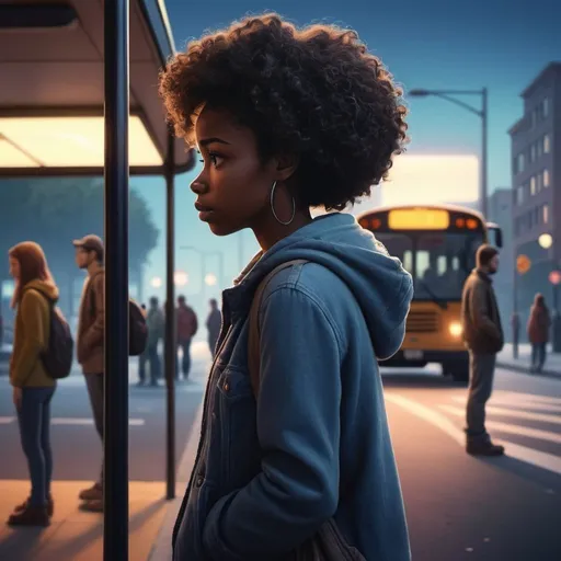 Prompt: Lonely and sad black woman, at bus stop, surrounded by silhoutte of people, lost in the rush, tired of tomorrow on the inside, wide shot of surroundings, Pixar, emotional, high quality, detailed, realistic, soft lighting, cool tones, urban setting