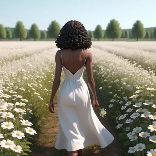 Prompt: A black woman in a white dress is walking away from the camera through a field of flowers, 3d animation