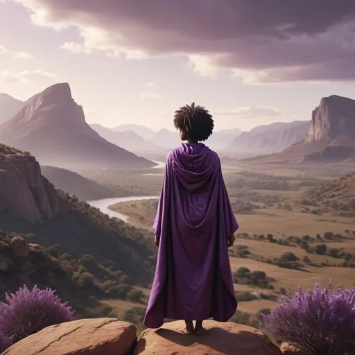 Prompt: wide shot of a black woman looking out at a beautiful landscape with a sense of freedom and empowerment, purple robes, cross in the background, 32k, UHD, high resolution, cinematic, marvel style realistic skin texture, 8k, warm scene, afro style