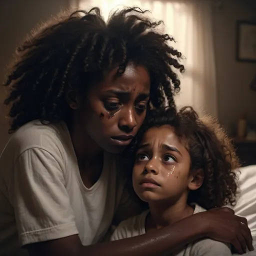 Prompt: A young black girl with big brown eyes and curly hair stands over her father's lifeless body, tears streaming down her dark brown skin, The scene is captured in a hauntingly beautiful, yet heartbreaking, 4k, emotional lighting

