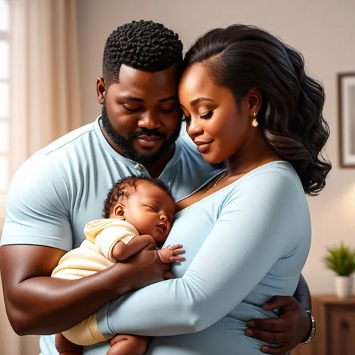 Prompt: Bantu Black chubby daddy and mommy holding baby, feel warmth mother love for a kid,  warm, emotional, family, high quality, detailed, realistic, bright lighting, 21th century