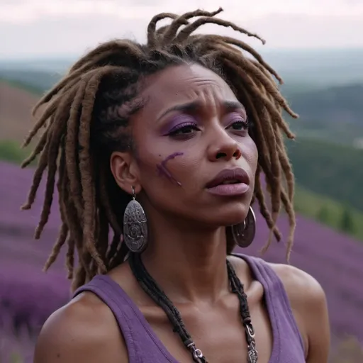 Prompt: cinematic shot, close up shot on a stylish black woman with dreads, crying calmly, standing on a purple hill, detailed, great skin texture, professional shot, precise