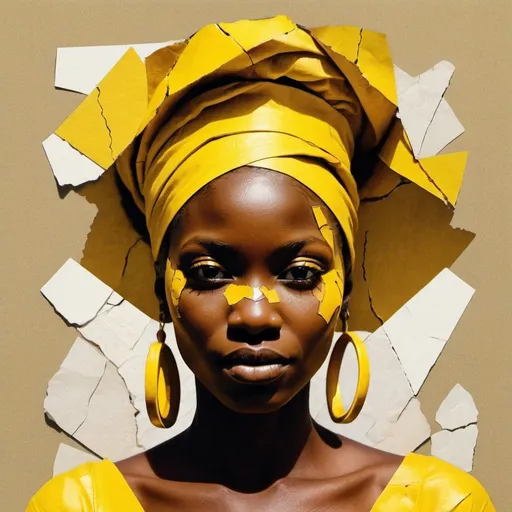Prompt: a collage image made from recycled paper shows a woman in yellow, in the style of art of the ivory coast, cracked, deconstructed pop, strong contrast, chiaroscuro, split toning, kinuko y. craft, digitally enhanced