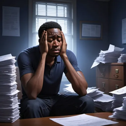 Prompt: A black man crying in pain, eyes closed, holding head, with expense papers and rent notice everywhere, sombre dark lighting, high quality, heavy scene, modern clothes, landscape view, 32k, Pixar, dark blue lighting, casket in background
