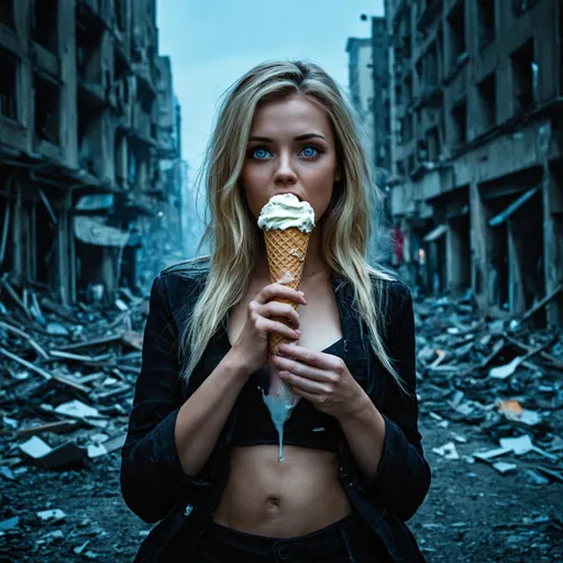 Prompt: Amazingly beautiful woman with ice blue eyes and blonde hair in a world war 3 city with buildings crumbling down and debris all over the ground she standing in the midst of it licking a ice cream cone while it drips into her cleavage