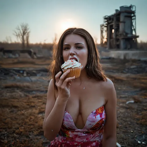 Prompt: beautiful woman wearing a skimpy  outfit 
licking a cupcake with icing all over her face and dripping on her cleavage. in Chernobyl 
